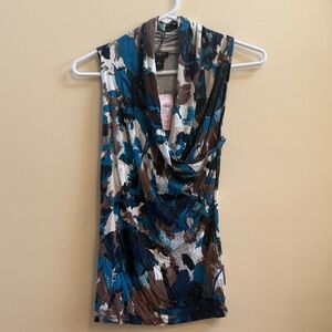 Ann Taylor Blue Brown White Abstract Print Sleeveless Cowl Neck Top